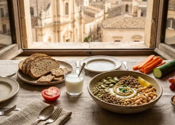 Tavola mediterranea con legumi, cereali integrali, verdure fresche e frutta secca: i cibi consigliati per dimagrire senza fare la dieta