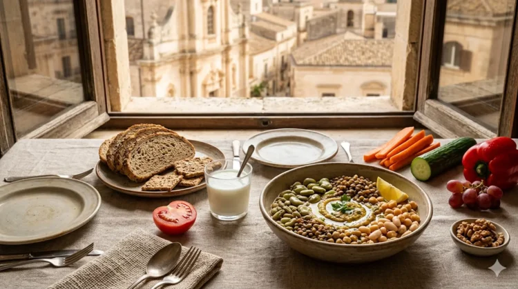 Tavola mediterranea con legumi, cereali integrali, verdure fresche e frutta secca: i cibi consigliati per dimagrire senza fare la dieta