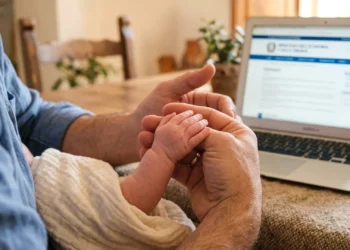 Dettaglio di mani di genitore e neonato che simboleggiano il Bonus nuovi nati 2026 gestito dall'INPS
