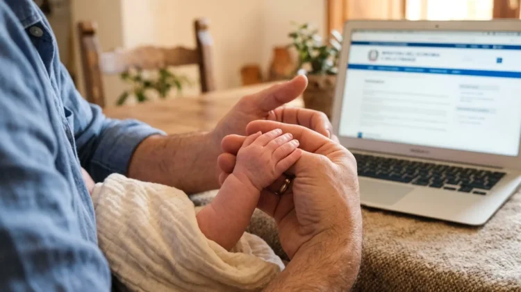 Dettaglio di mani di genitore e neonato che simboleggiano il Bonus nuovi nati 2026 gestito dall'INPS