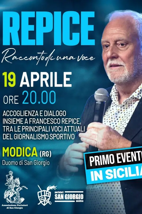 Locandina ufficiale dell'evento Racconto di una voce con il giornalista Francesco Repice a Modica il 19 aprile.