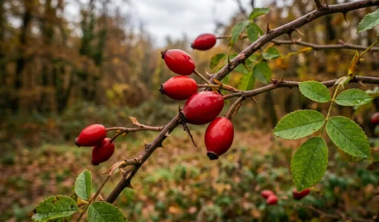 Bacche rosse di rosa canina su un ramo