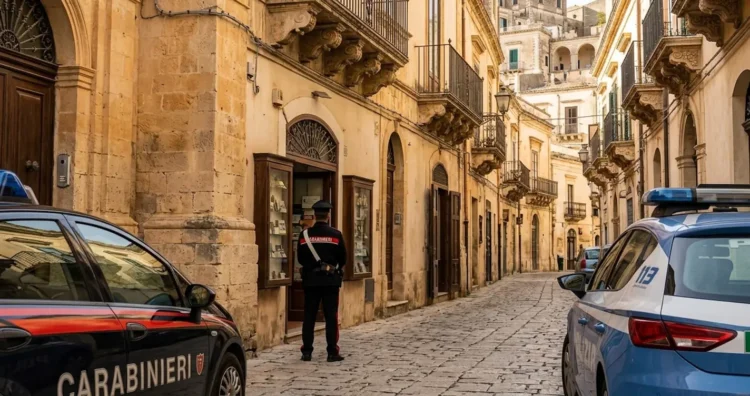 Forze dell'ordine in servizio nel centro storico di Modica durante l'operazione contro i furti agli esercizi commerciali.