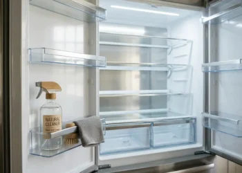 Interno di un frigorifero pulito e igienizzato con prodotti naturali.