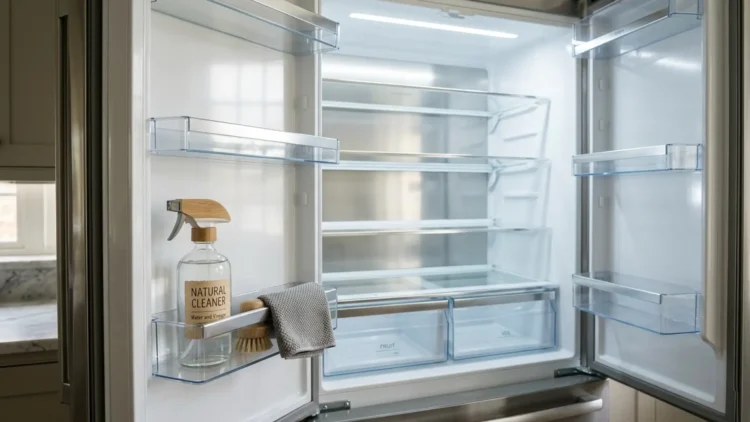 Interno di un frigorifero pulito e igienizzato con prodotti naturali.