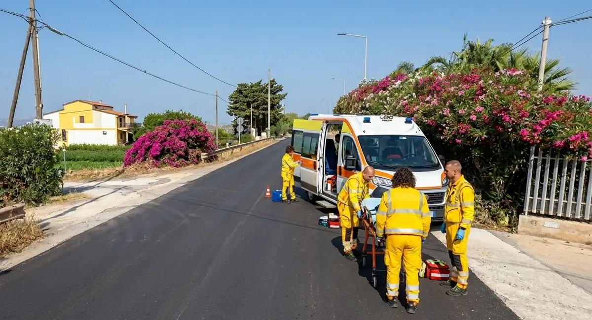 Un'ambulanza del 118 interviene sul luogo dell'incidente a Scicli