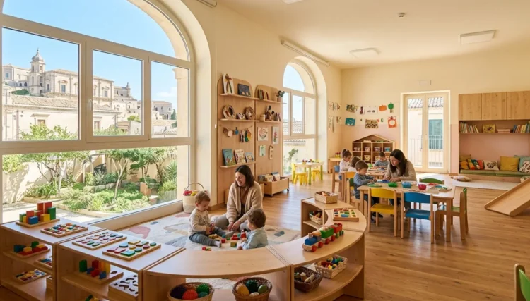 Interno di un asilo nido comunale a Ragusa pronto per l'anno scolastico 2026/2027.