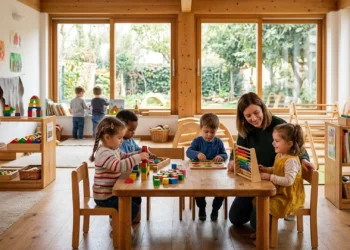 Un'aula luminosa di un moderno asilo nido con arredi in legno naturale e giochi educativi colorati