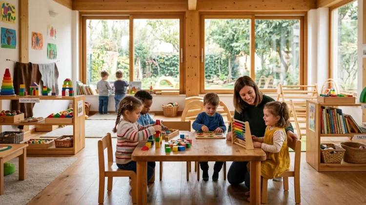 Un'aula luminosa di un moderno asilo nido con arredi in legno naturale e giochi educativi colorati