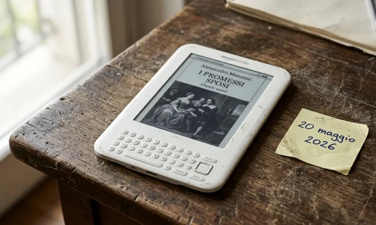 Un Kindle di prima generazione su una scrivania, simbolo della fine del supporto Amazon prevista per il 20 maggio 2026