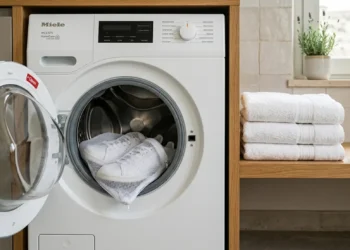 Sneakers in tessuto protette da una sacca a rete pronte per il lavaggio in lavatrice