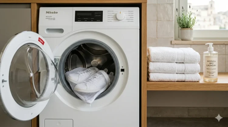 Sneakers in tessuto protette da una sacca a rete pronte per il lavaggio in lavatrice