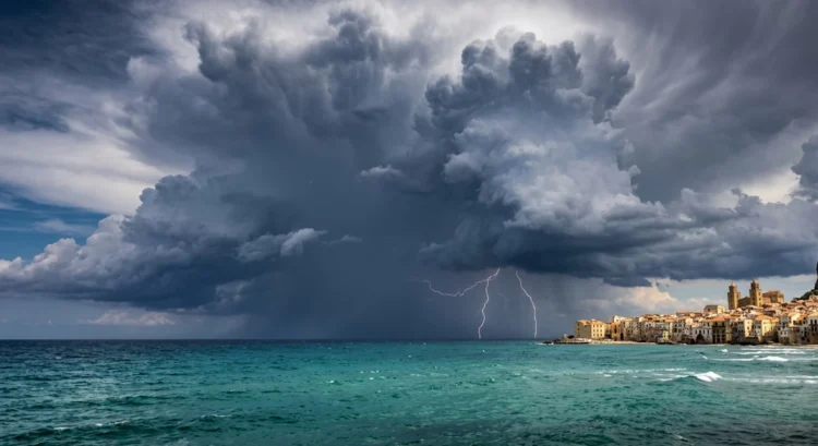 Imponente fronte temporalesco in avvicinamento sulla costa siciliana con nuvole cariche di pioggia
