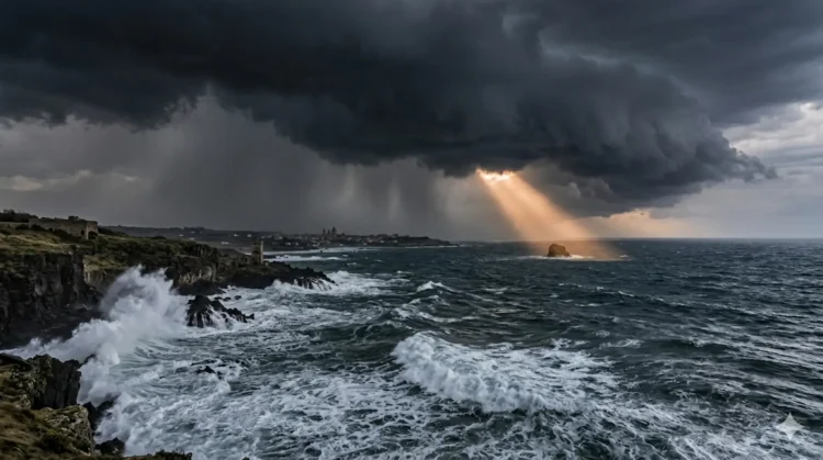 Cielo tempestoso sul Mediterraneo con nubi cumulonembo e mare agitato durante il maltempo della settimana 13-17 aprile 2026 causato dal vortice mediterraneo