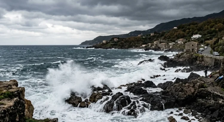 Cielo nuvoloso e mare mosso sulla costa jonica della Sicilia