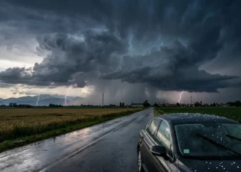Cielo minaccioso sulla Pianura Padana con temporale e grandine in arrivo, previsioni meteo settimana 13 aprile 2026