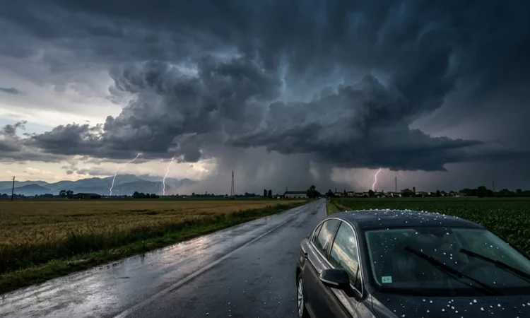 Cielo minaccioso sulla Pianura Padana con temporale e grandine in arrivo, previsioni meteo settimana 13 aprile 2026