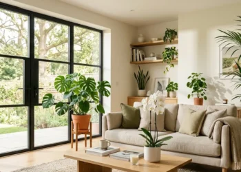 Selezione di piante da interno eleganti in un soggiorno moderno e luminoso