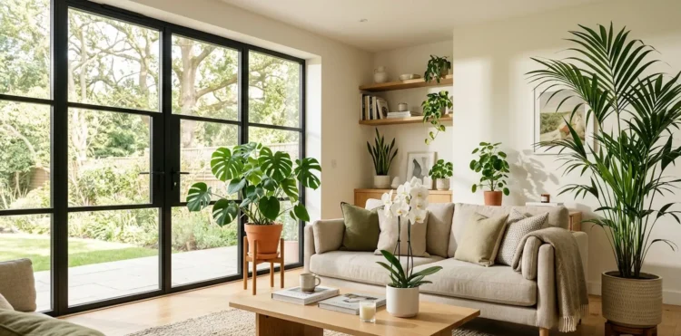 Selezione di piante da interno eleganti in un soggiorno moderno e luminoso