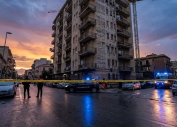 Cantiere edile a Palermo con gru e nastro della polizia dopo l'incidente mortale sul lavoro.