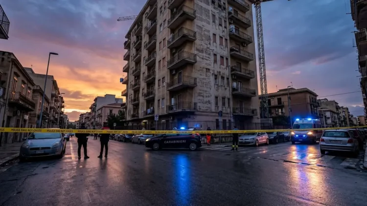 Cantiere edile a Palermo con gru e nastro della polizia dopo l'incidente mortale sul lavoro.