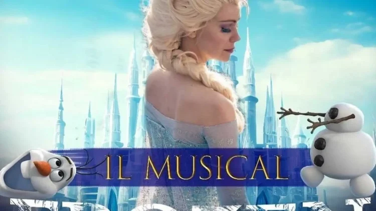 Una scena del musical Elsa e il castello di ghiaccio con attori in costume e scenografia invernale