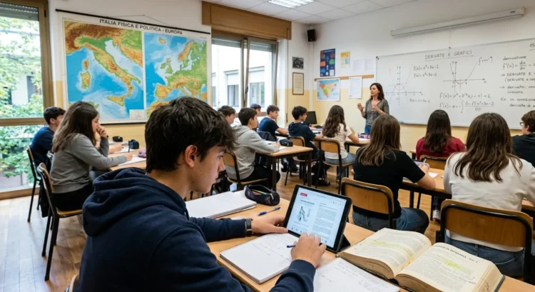 Studenti in aula durante una lezione con libri e tablet, nuove Indicazioni Nazionali Licei
