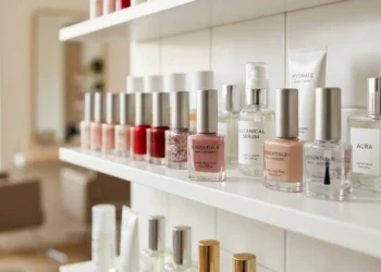 Esposizione di prodotti cosmetici e smalti in un salone di bellezza professionale