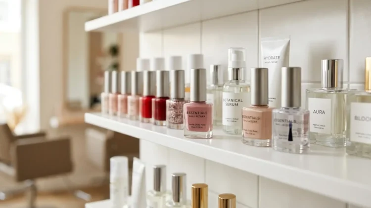 Esposizione di prodotti cosmetici e smalti in un salone di bellezza professionale