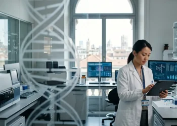 Ricercatore medico analizza dati su nuove terapie per il tumore del polmone