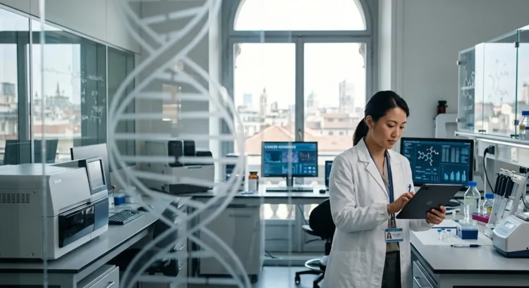 Ricercatore medico analizza dati su nuove terapie per il tumore del polmone