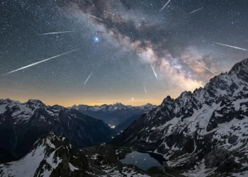 Una pioggia di stelle cadenti attraversa il cielo notturno durante lo sciame meteorico delle Liridi