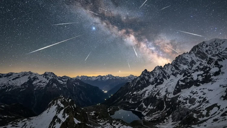 Una pioggia di stelle cadenti attraversa il cielo notturno durante lo sciame meteorico delle Liridi