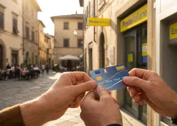 Una mano tiene la Carta di Inclusione pronta per un prelievo o pagamento presso un ufficio postale