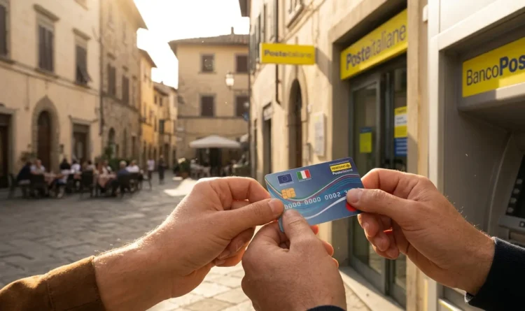 Una mano tiene la Carta di Inclusione pronta per un prelievo o pagamento presso un ufficio postale