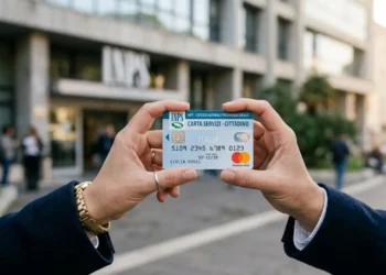 Una mano che tiene una carta di pagamento elettronica davanti a un ufficio pubblico