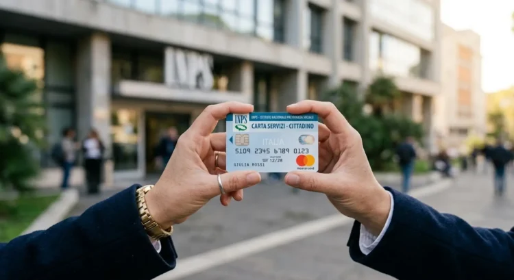 Una mano che tiene una carta di pagamento elettronica davanti a un ufficio pubblico