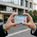 Una mano che tiene una carta di pagamento elettronica davanti a un ufficio pubblico