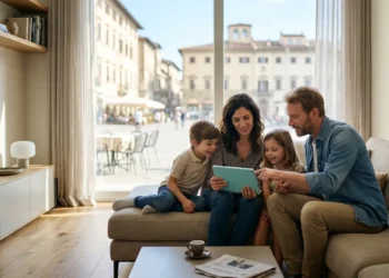 Una famiglia consulta lo stato dell'assegno unico di aprile 2026 su un dispositivo digitale
