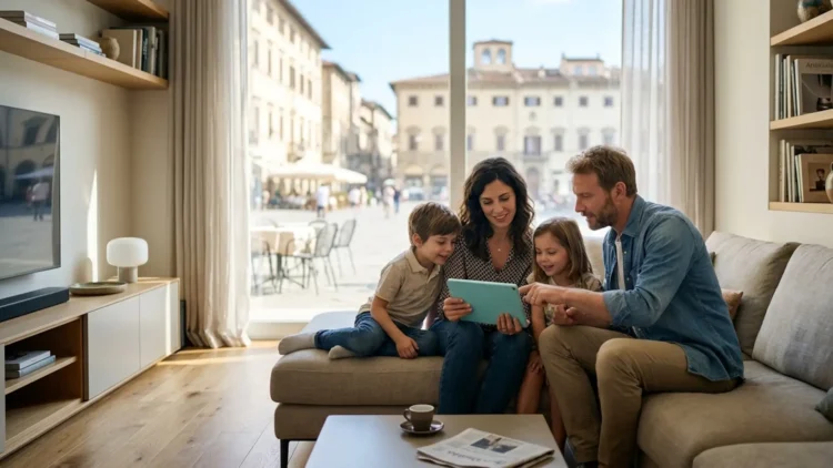 Una famiglia consulta lo stato dell'assegno unico di aprile 2026 su un dispositivo digitale