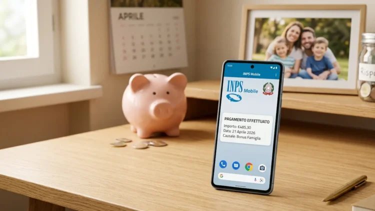 Schermata dell'app INPS Mobile che mostra le date di accredito dell'Assegno Unico di aprile 2026