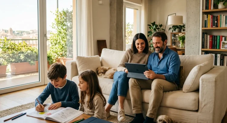 Famiglia italiana consulta i pagamenti dell'Assegno Unico Maggio 2026 su un tablet.