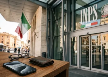 Schermata smartphone con notifica di pagamento INPS NASpI maggio 2026 su una scrivania