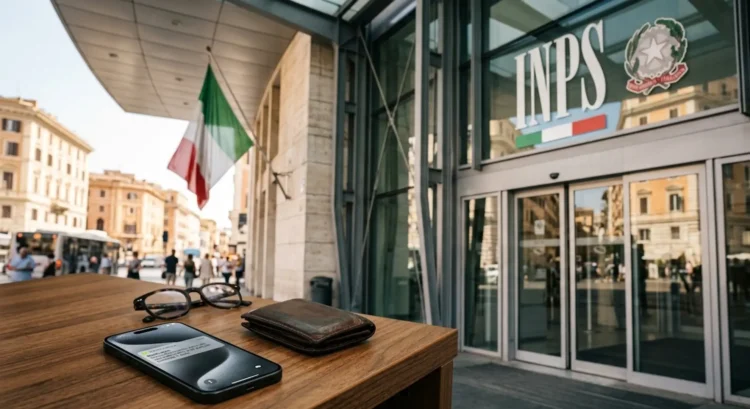 Schermata smartphone con notifica di pagamento INPS NASpI maggio 2026 su una scrivania