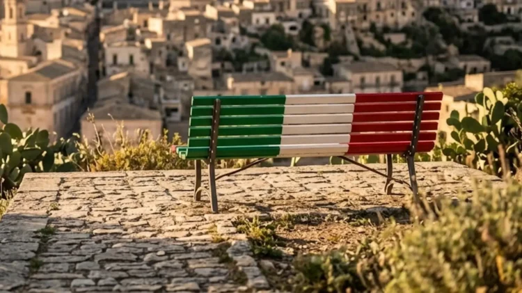 Una panchina dipinta con il tricolore italiano si trova in una zona panoramica di Modica Alta, con la città sullo sfondo. Un piccolo logo di Fratelli d'Italia e il testo dell'evento sono visibili.