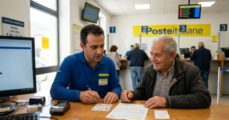 Operatore di Poste Italiane assiste un cittadino per la richiesta del passaporto in un ufficio postale della provincia di Ragusa