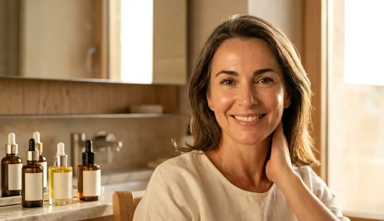 Donna cinquantenne con pelle del viso luminosa e sana che sorride alla luce del sole