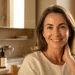 Donna cinquantenne con pelle del viso luminosa e sana che sorride alla luce del sole