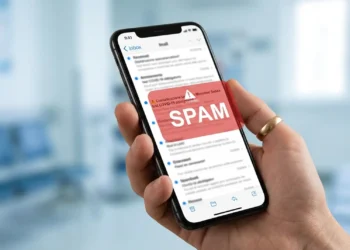 Un utente riceve una notifica di allerta phishing su uno smartphone riguardante servizi sanitari