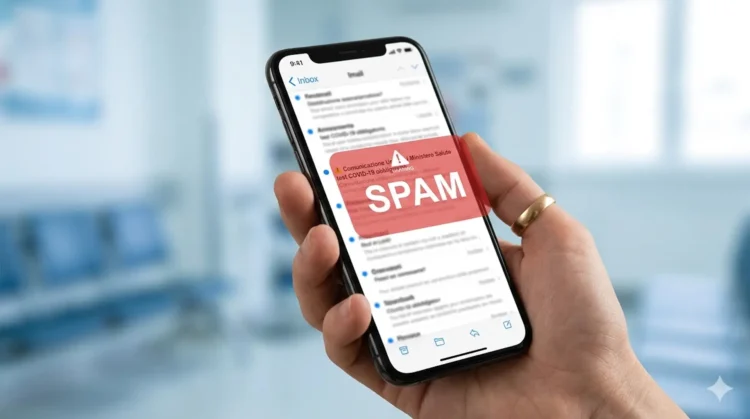 Un utente riceve una notifica di allerta phishing su uno smartphone riguardante servizi sanitari